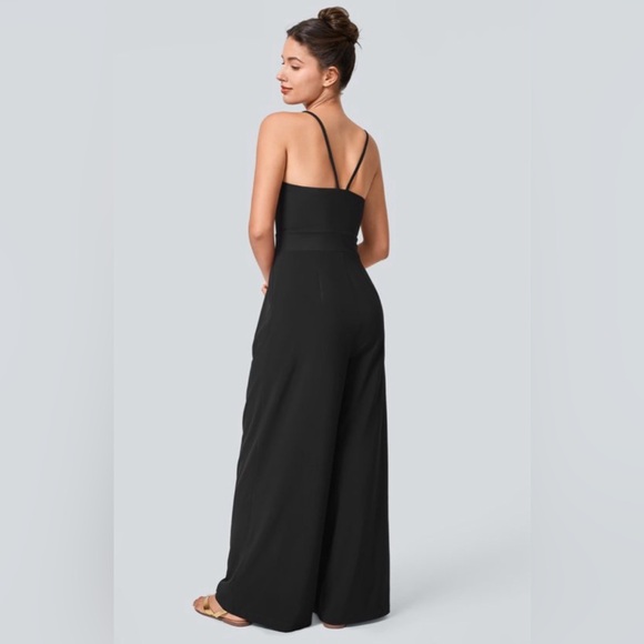 Backless Side Invisible Zipper Pocket Wide Leg Quick Dry Resort Slip Jumpsuit - Picture 2 of 4